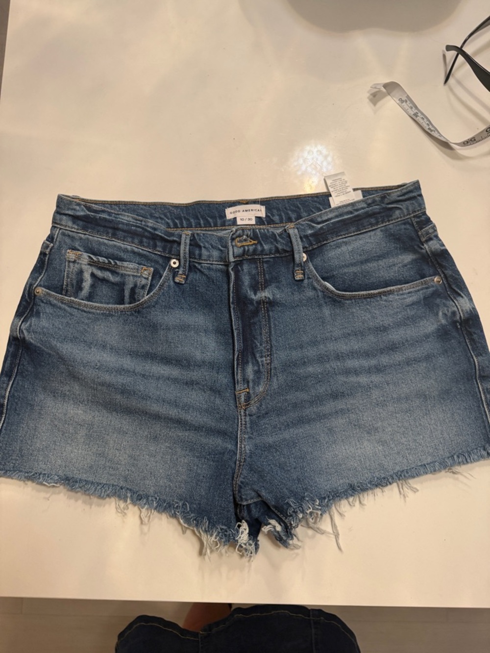 Good American Distressed High-Rise Denim Shorts in Medium Blue 10/30